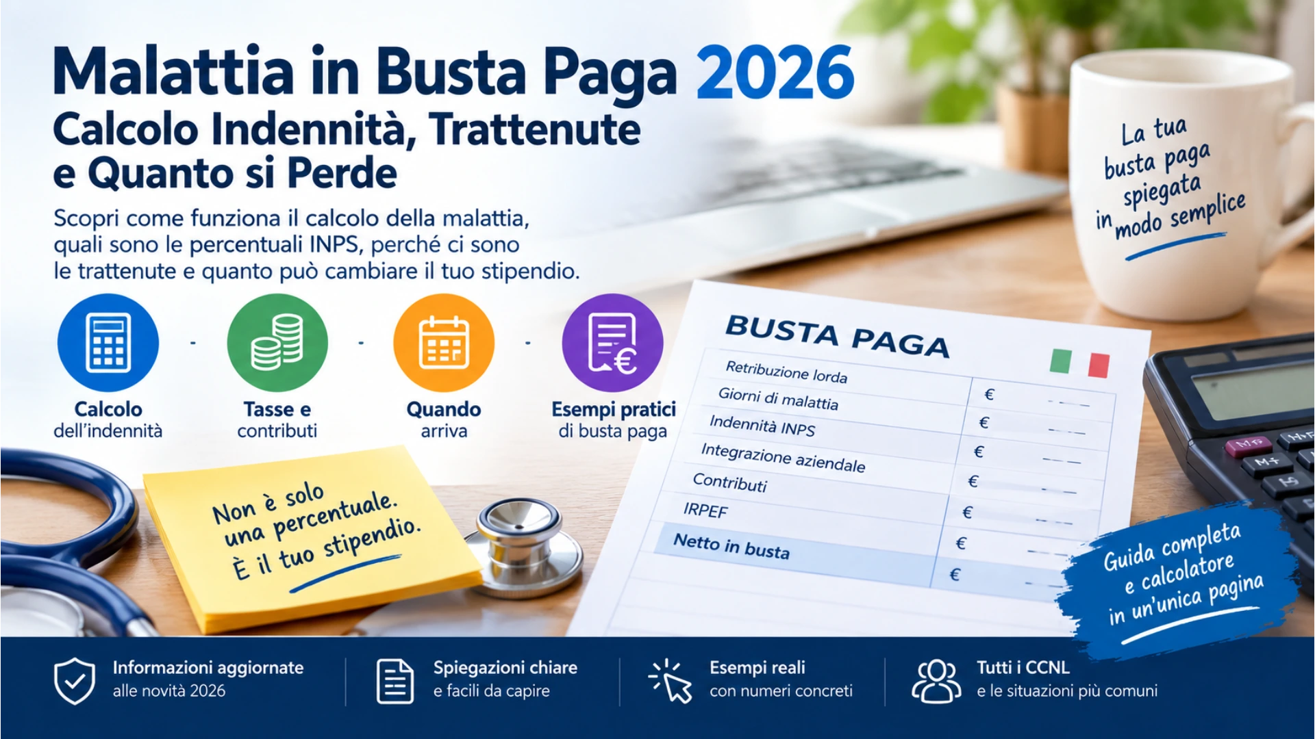 Malattia in busta paga 2026, calcolo indennità INPS e trattenute
