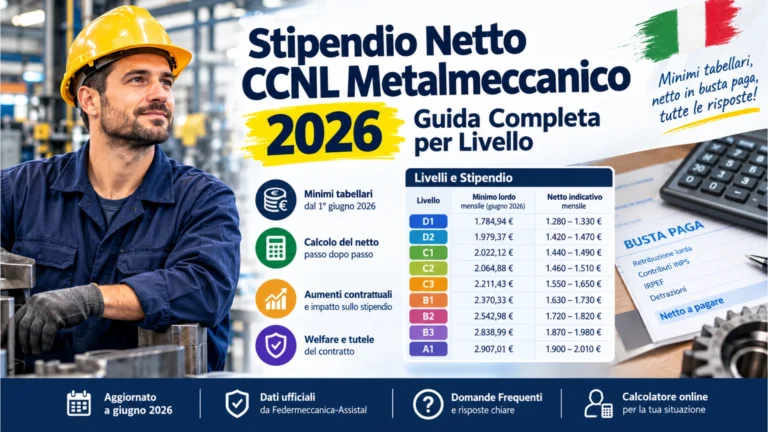 Stipendio netto CCNL Metalmeccanico 2026 con livelli salariali e calcolo dello stipendio netto